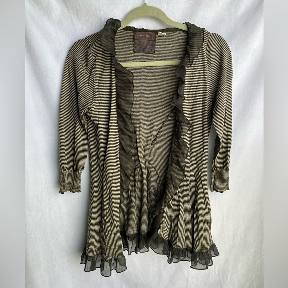 Anthropologie Striped Ruffle Cardigan - Olive Green and Cream